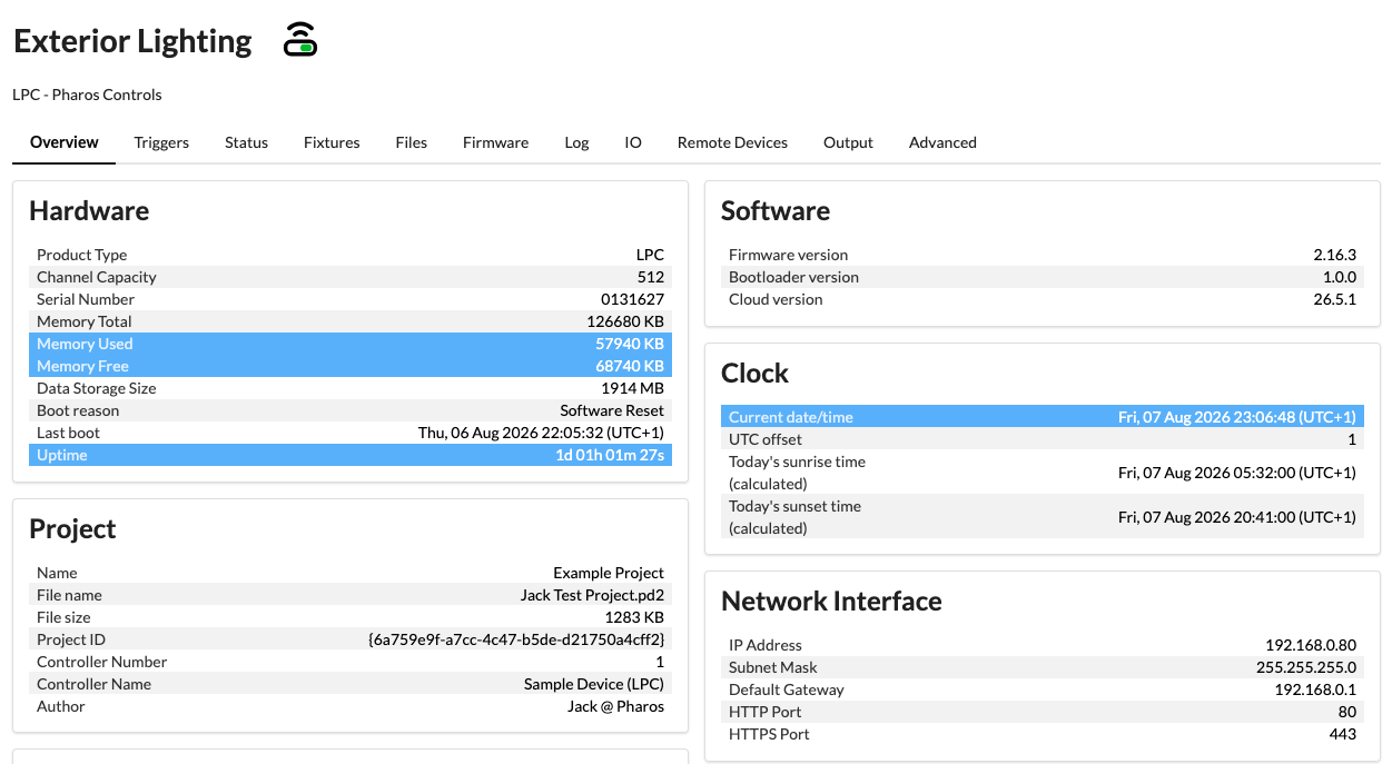 The device Overview tab