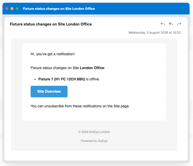 An example fixture status notification email