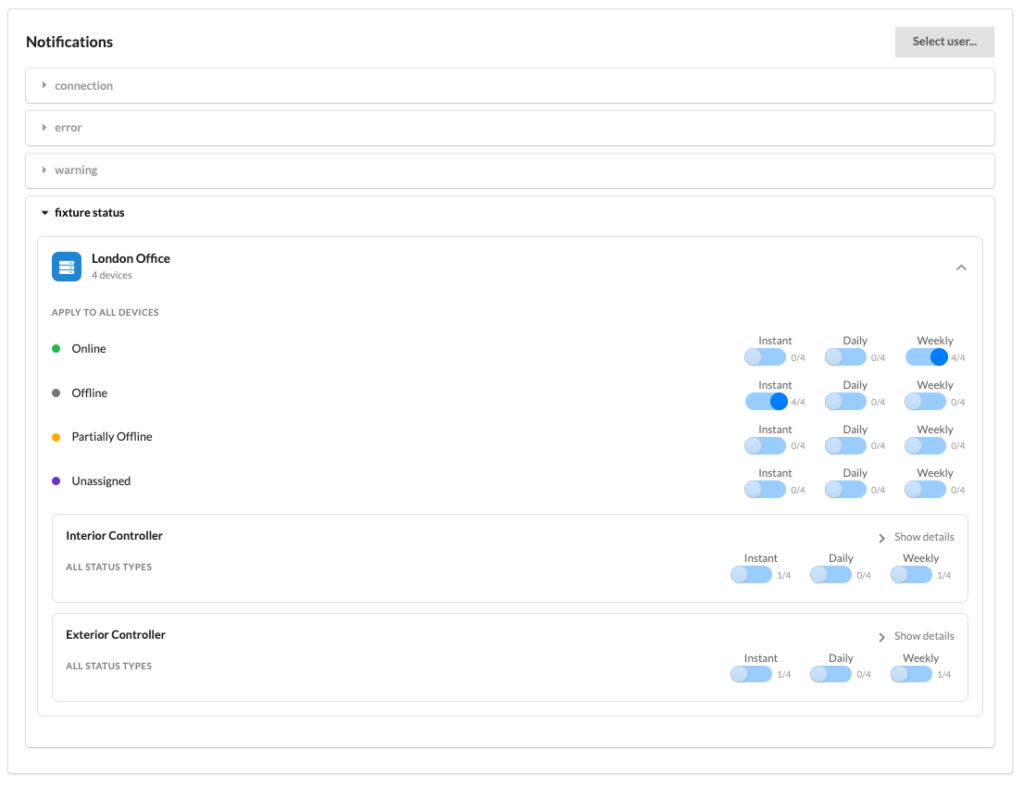 Fixture status notification settings