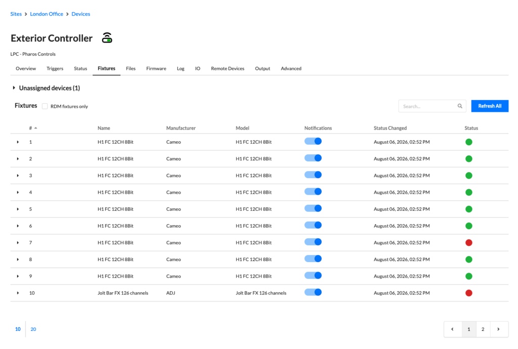 The Fixtures tab for a device