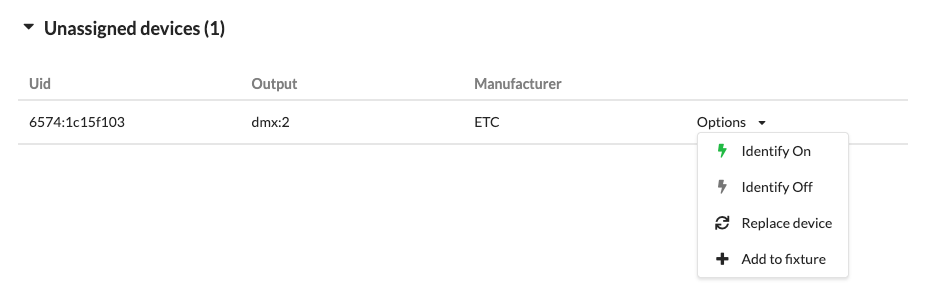 The Unassigned devices panel with its Options menu open