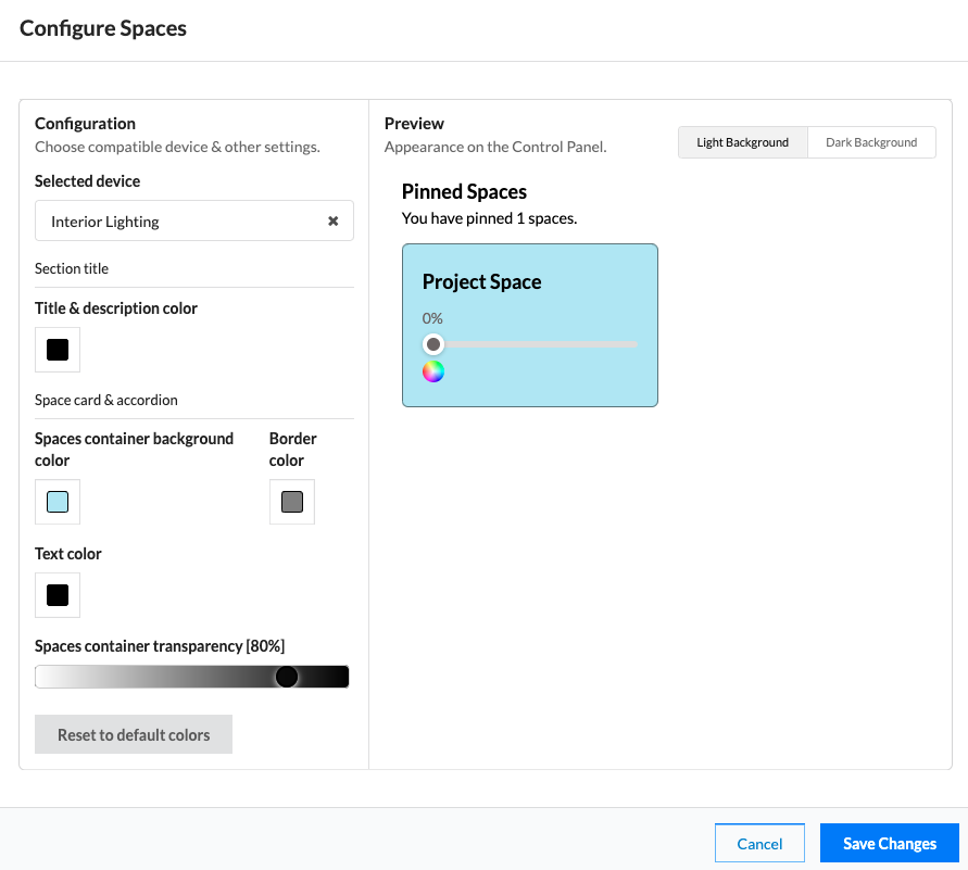 Configure spaces control panel
