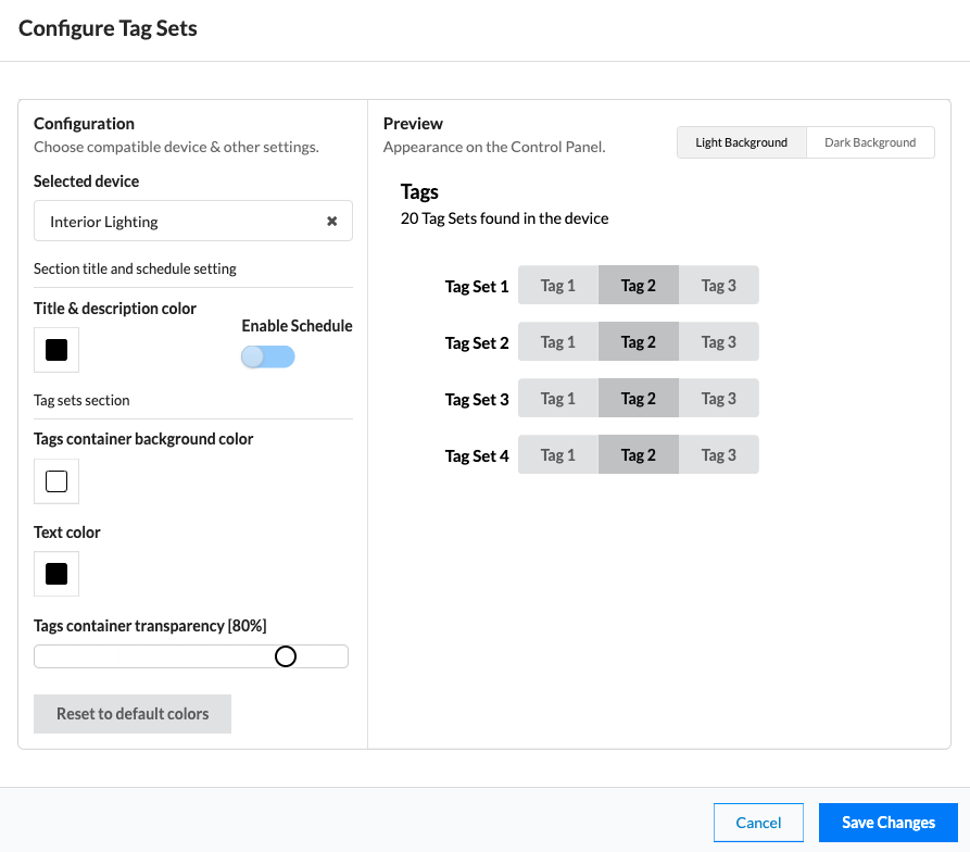 Configure tags control panel
