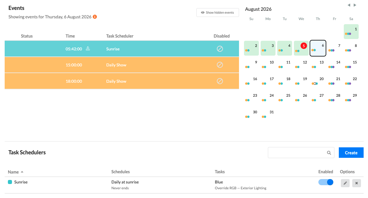 The events calendar showing scheduled occurrences
